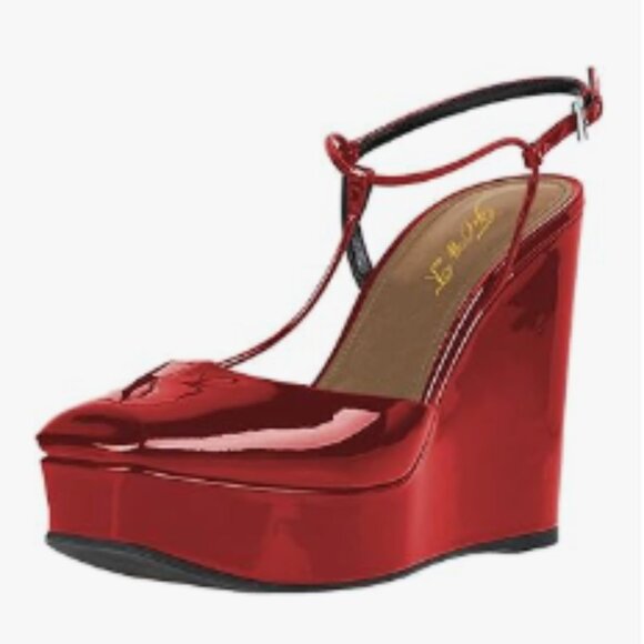 FOWT Red T Strap Wedge Platform High Heel Pumps Ankle Strap Sandals - Picture 1 of 8
